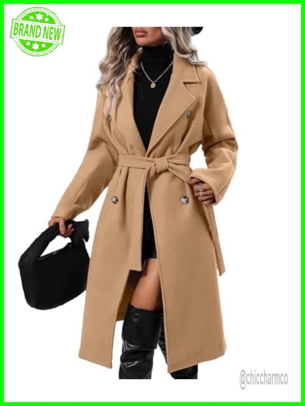 Women's Double Breasted Trench Coat Wool Blend Belted Long Pea Coat